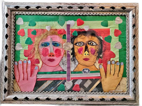 Rodolfo Morales mixed media artwork Dolls Without Borders with vibrant textiles and embossed tin frame